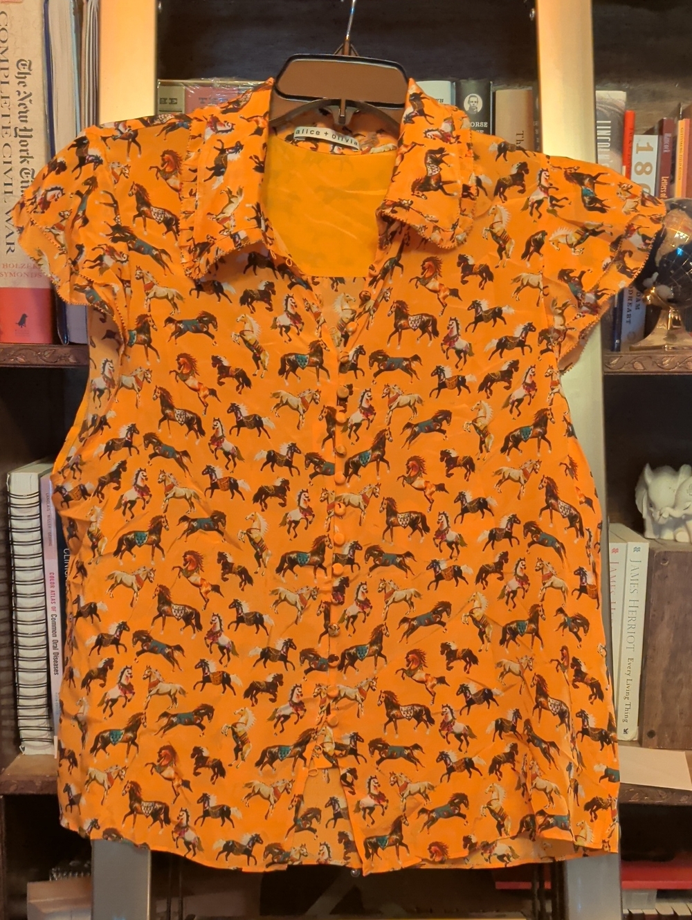 Alice + Olivia Orange Horse Print Short Sleeve Blouse